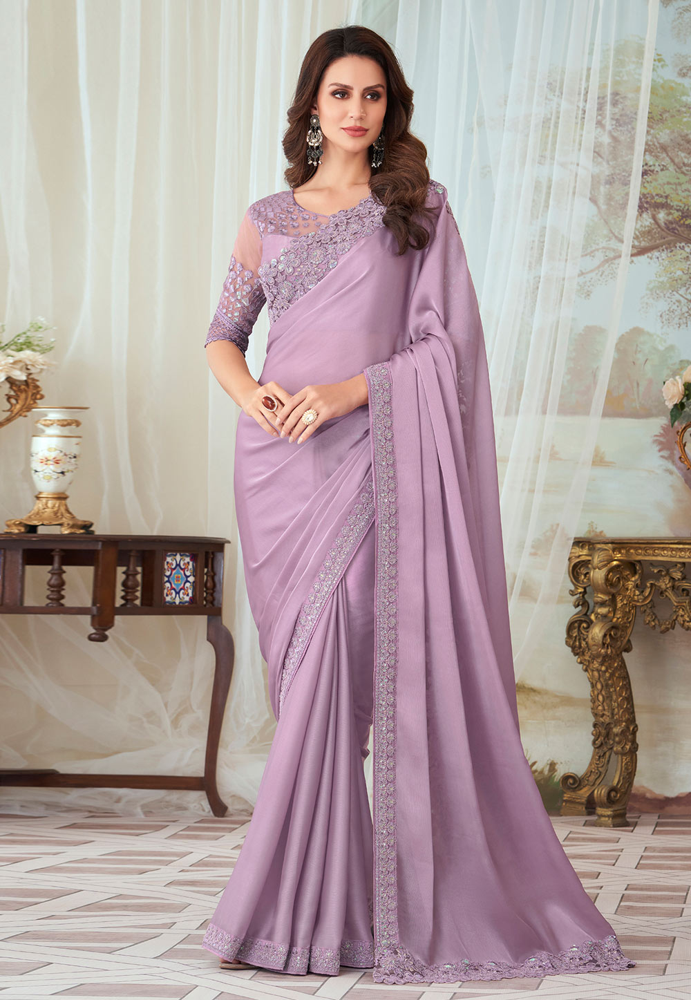 Printed Linen Saree in Dark Purple : SEW11584
