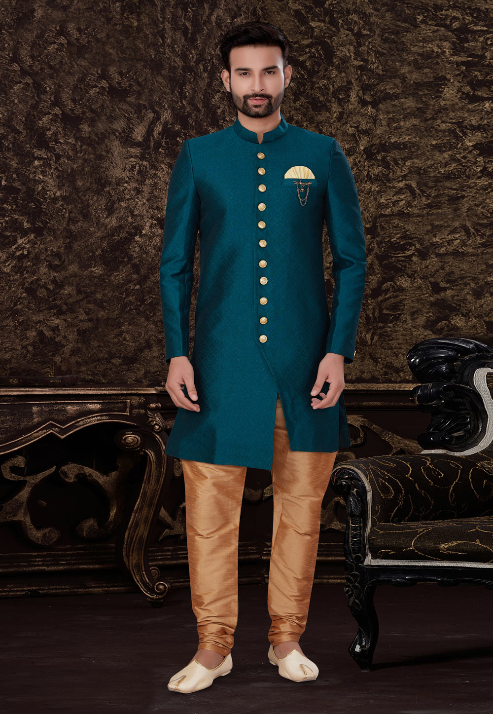 Blue Jacquard Silk Indo Western Suit 231116