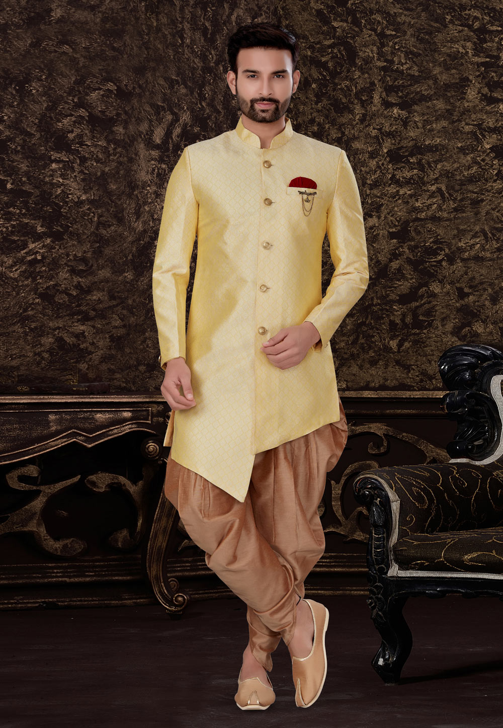 Cream Jacquard Silk Indo Western Suit 231117