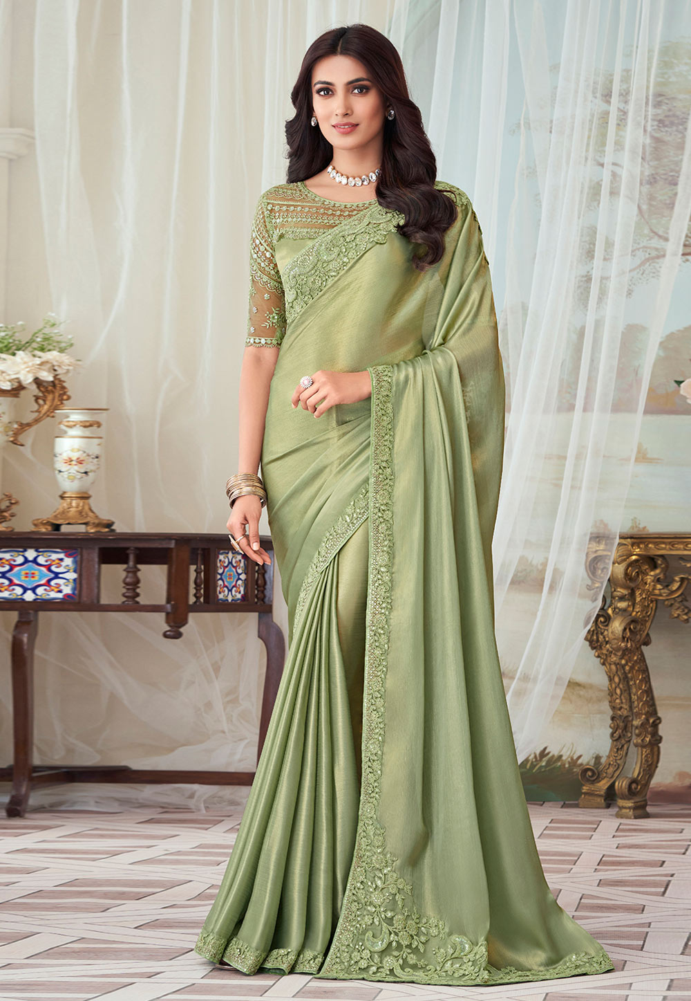 Buy Light Green Weaving Organza Silk Saree Online