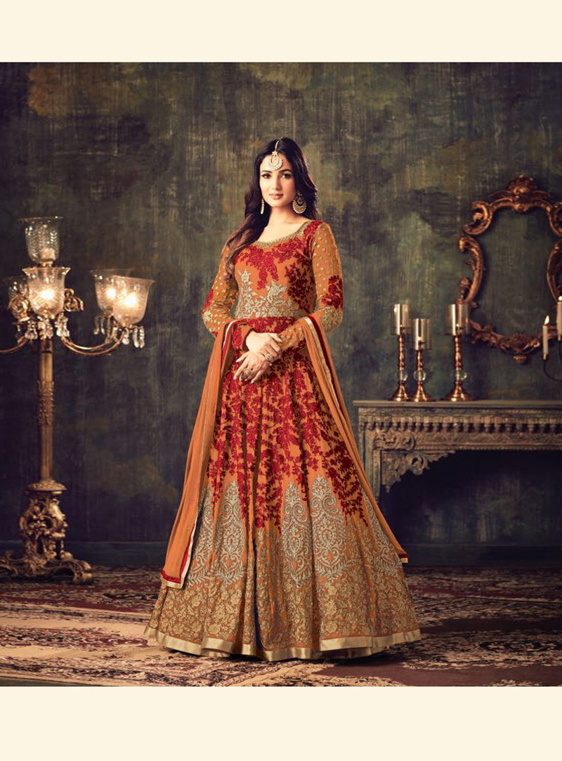 Sonal Chauhan Orange Georgette Floor Length Anarkali Suit 126050