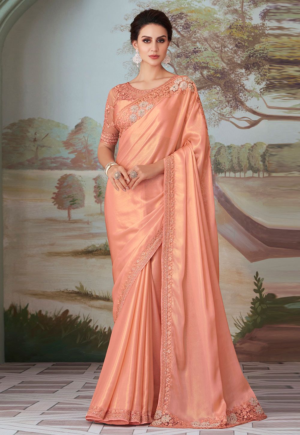 Heavy Bridal Maroon And Peach Net On Velvet Saree With Gota Blouse - Sarees  Designer Collection