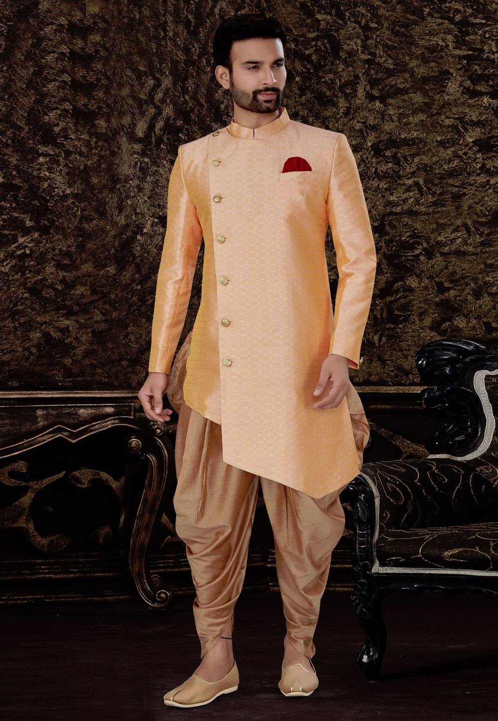 Peach Jacquard Silk Indo Western Suit 231119