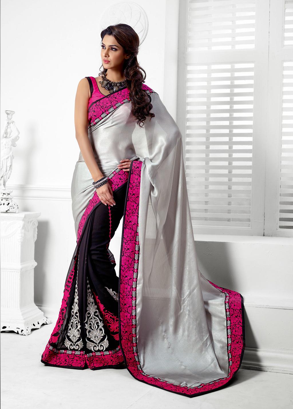 Black Faux Georgette A Line Embroidered Wedding Saree 28675