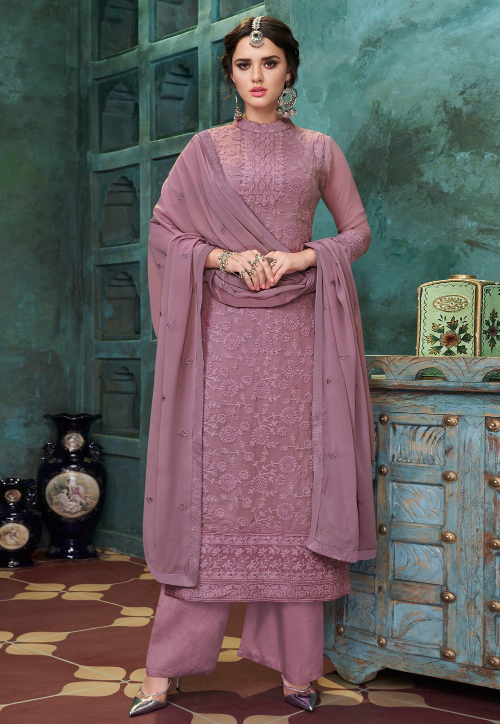 Light Purple Faux Georgette Readymade Palazzo Suit 208851