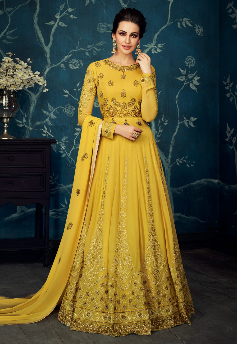 Yellow Georgette Embroidered Abaya Style Anarkali Suit 166195