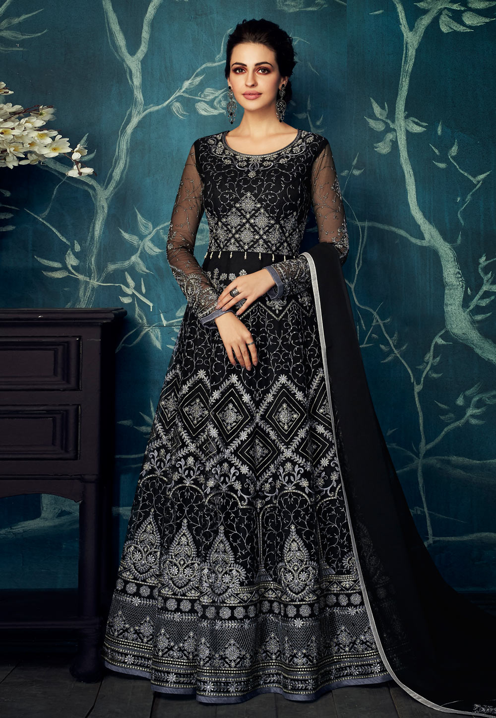 Black Georgette Embroidered Long Anarkali Suit 166196