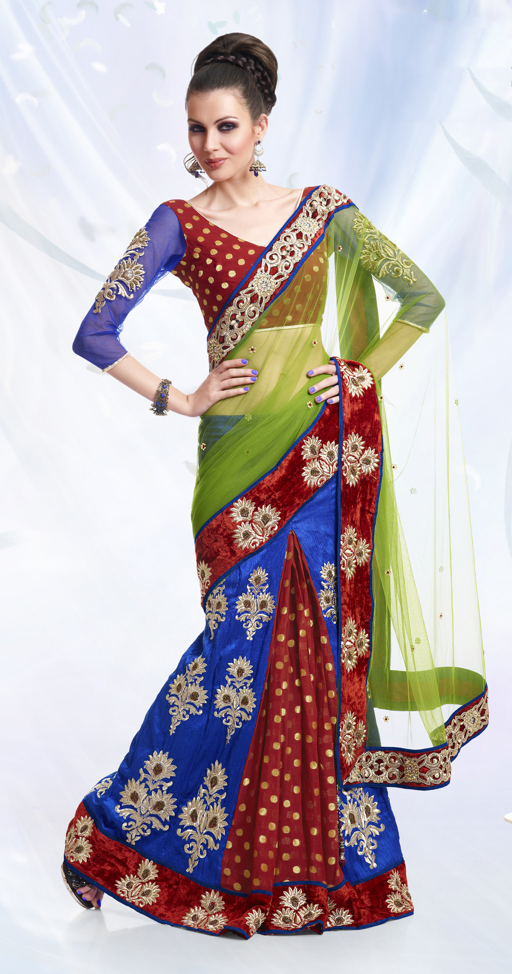 Green and Blue Embroidered Silk Designer Lehenga Saree 31330