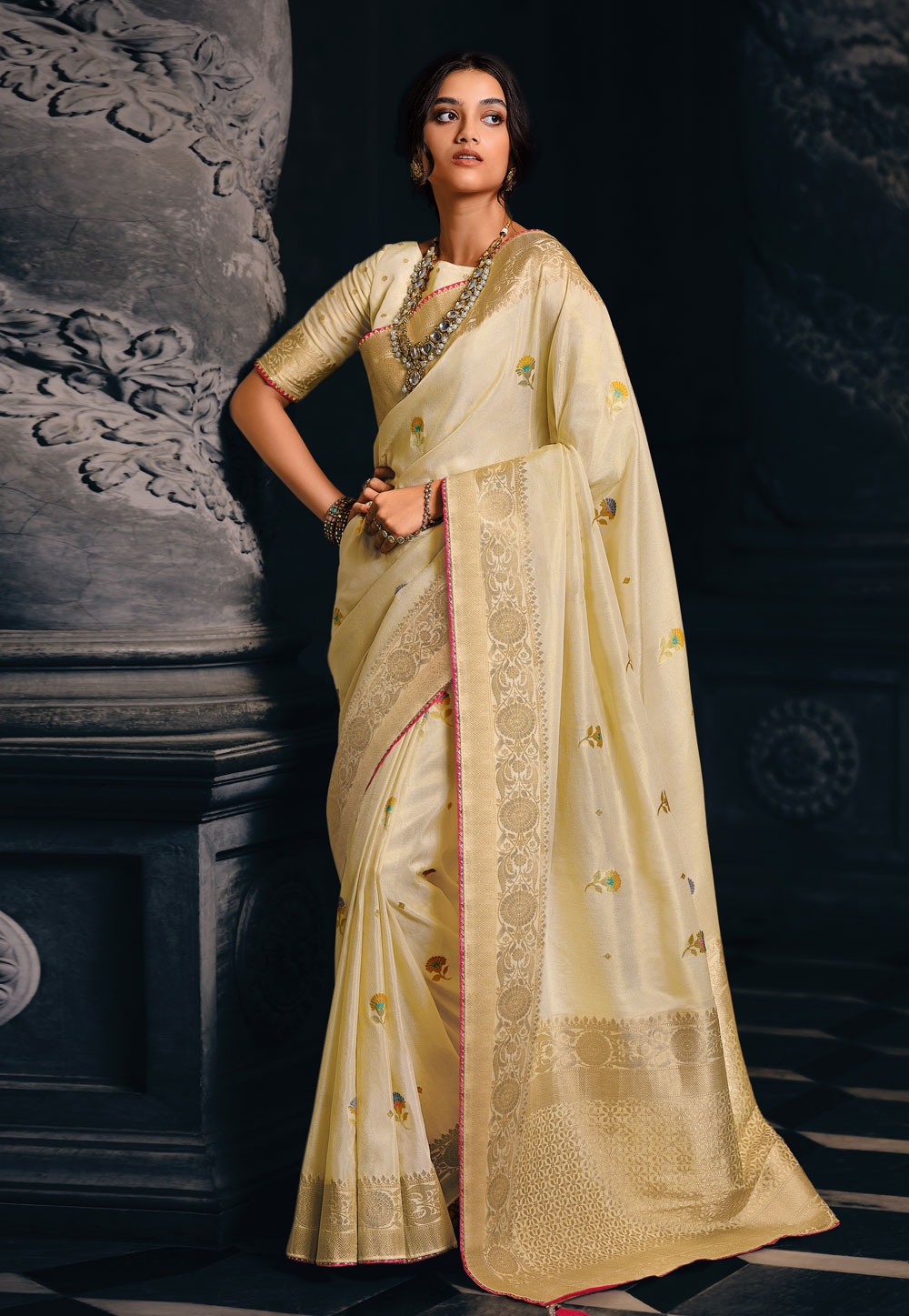 Cream Tissue Silk Saree With Blouse 265037