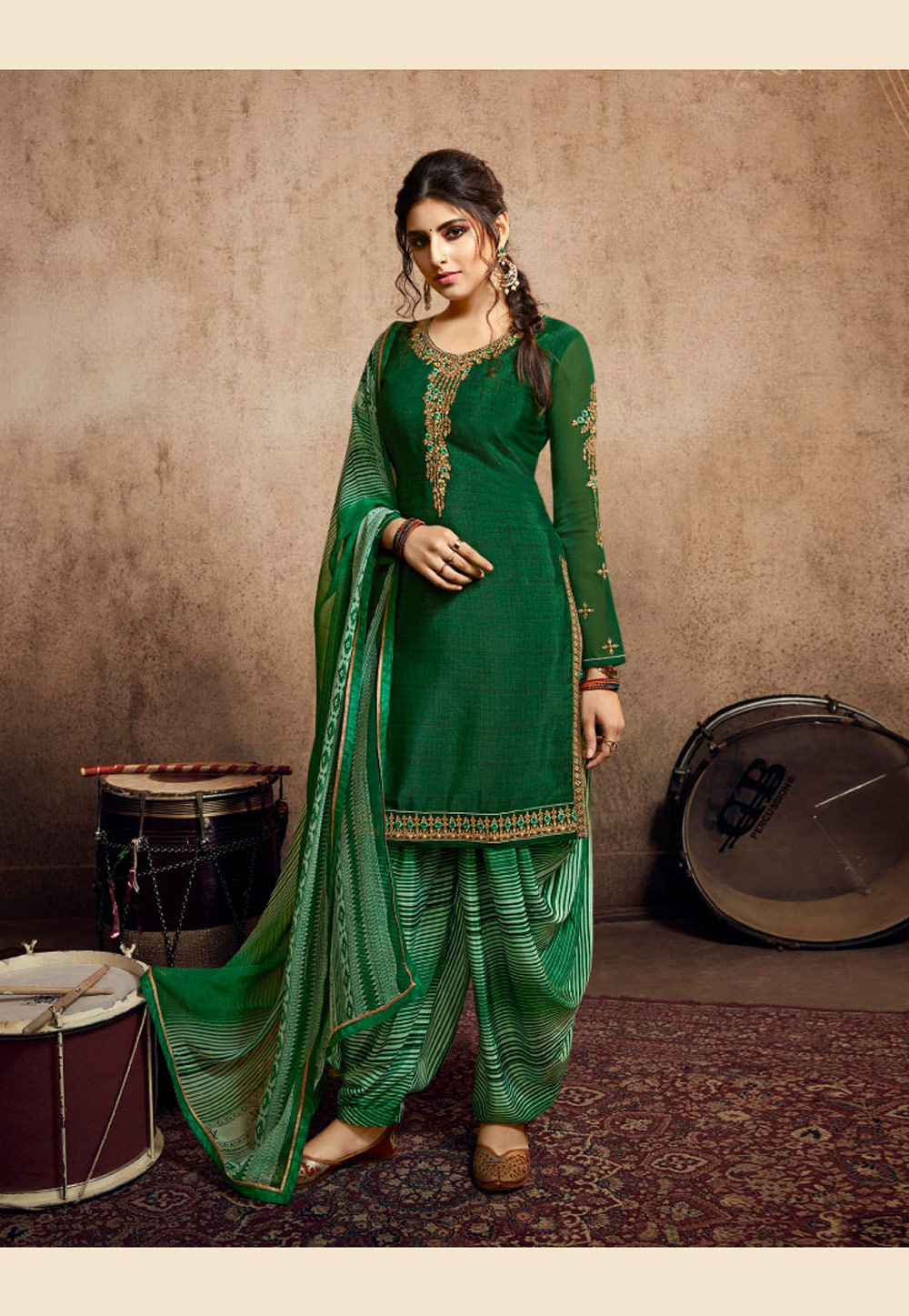 Green Crepe Punjabi Suit 195553