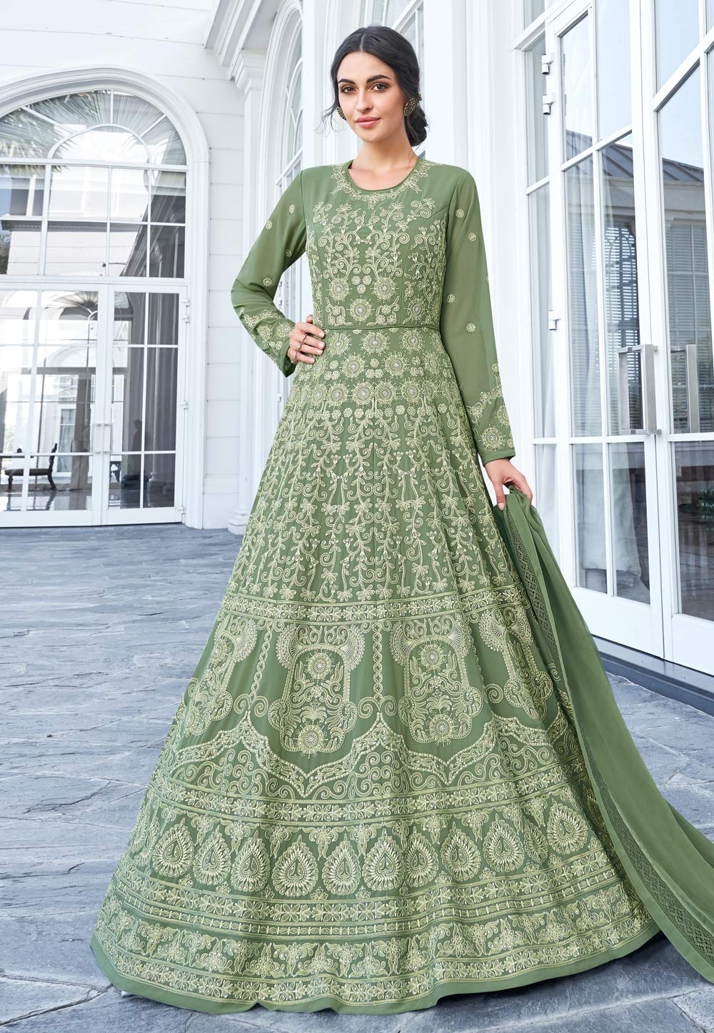 Green Georgette Embroidered Abaya Style Anarkali Suit 196001