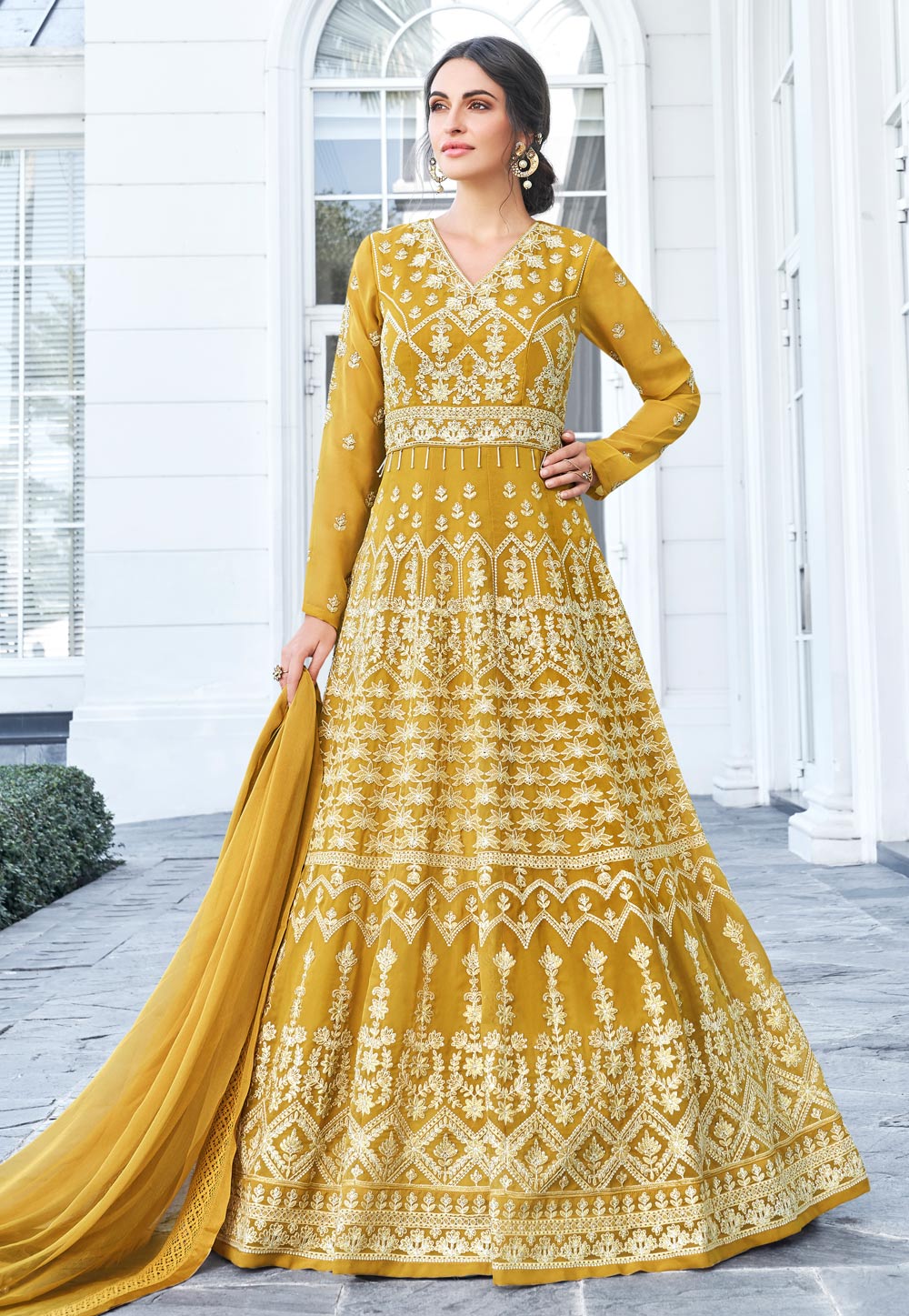 Yellow Georgette Embroidered Abaya Style Anarkali Suit 196003