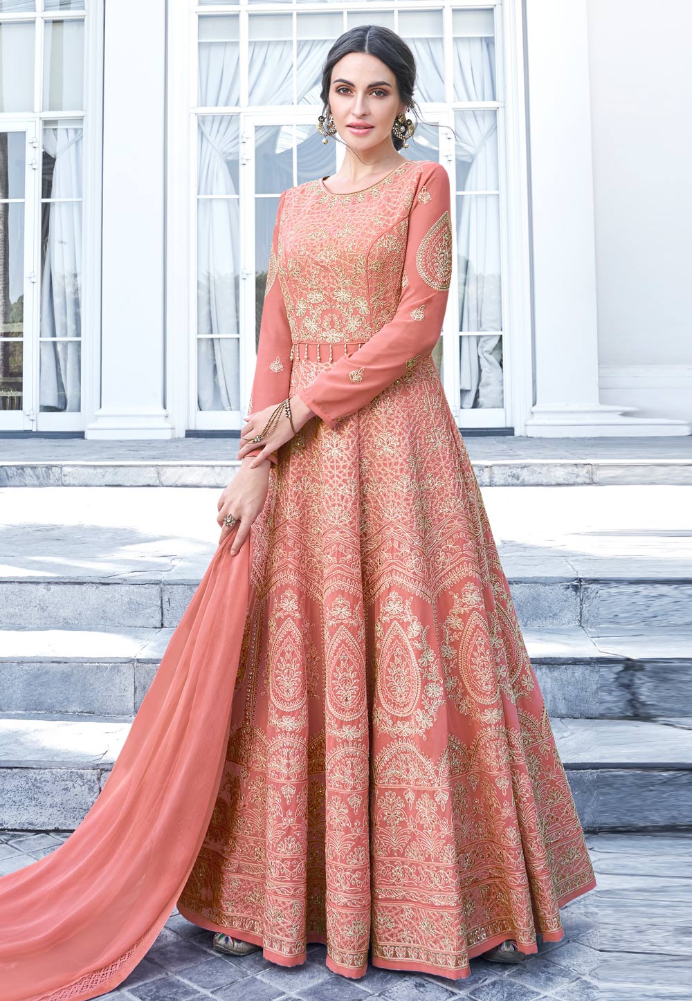 Peach Georgette Embroidered Long Anarkali Suit 196004