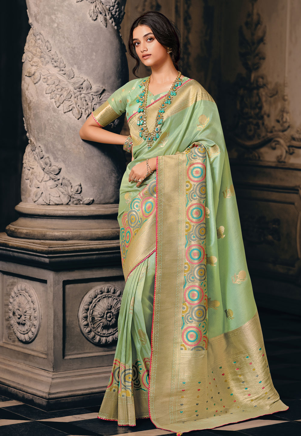 Pista Green Tissue Silk Saree With Blouse 265038