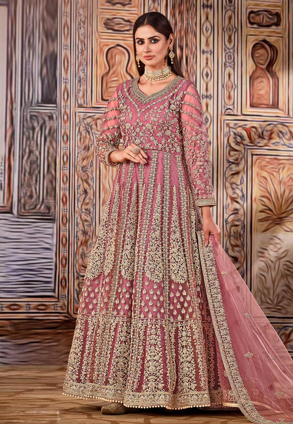 Pink Net Abaya Style Anarkali Suit 233661