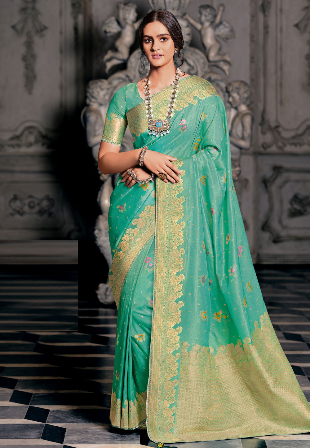 Sea Green Tissue Silk Saree With Blouse 265040