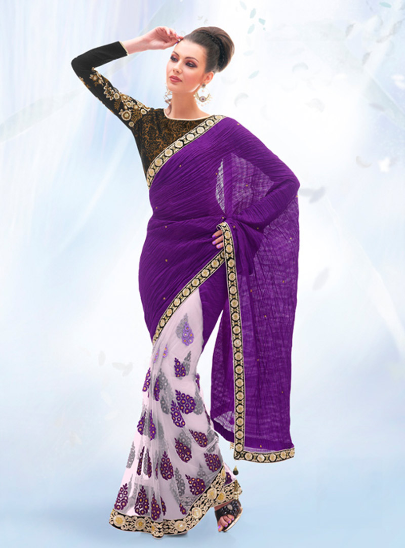 Purple and White Silk Party Wear Saree 31335