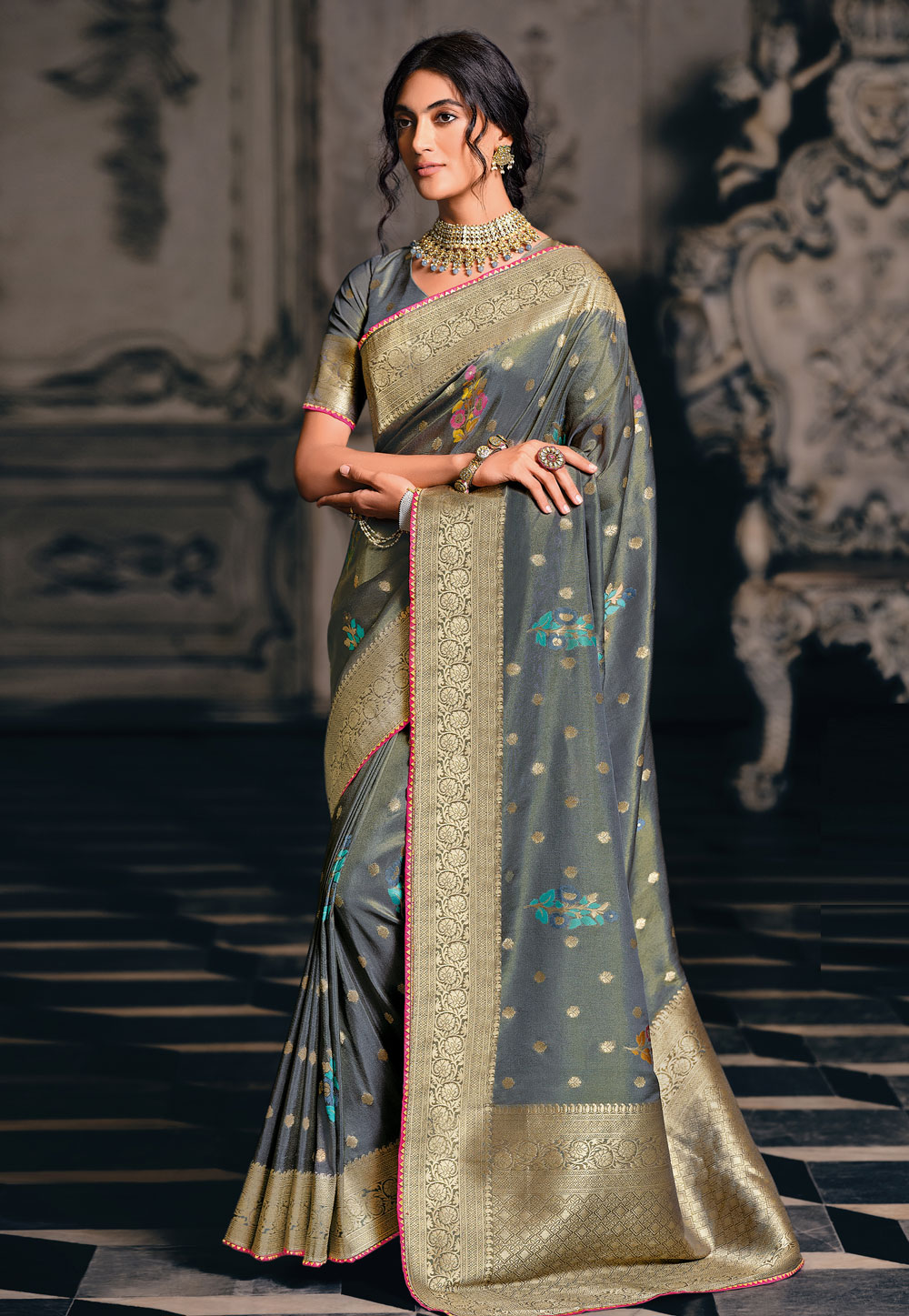 Grey Tissue Silk Saree With Blouse 265043