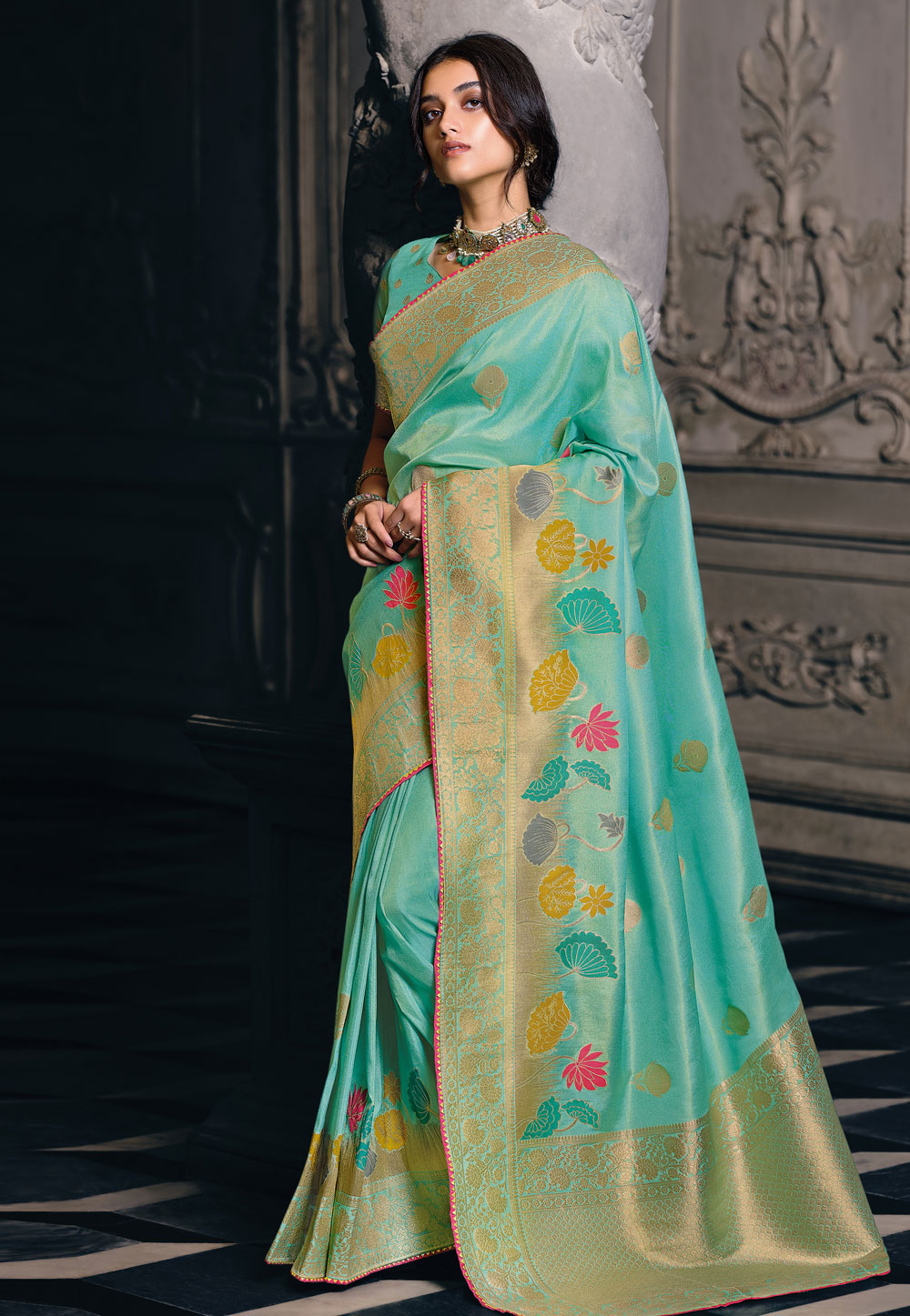 Sky Blue Tissue Silk Saree With Blouse 265044