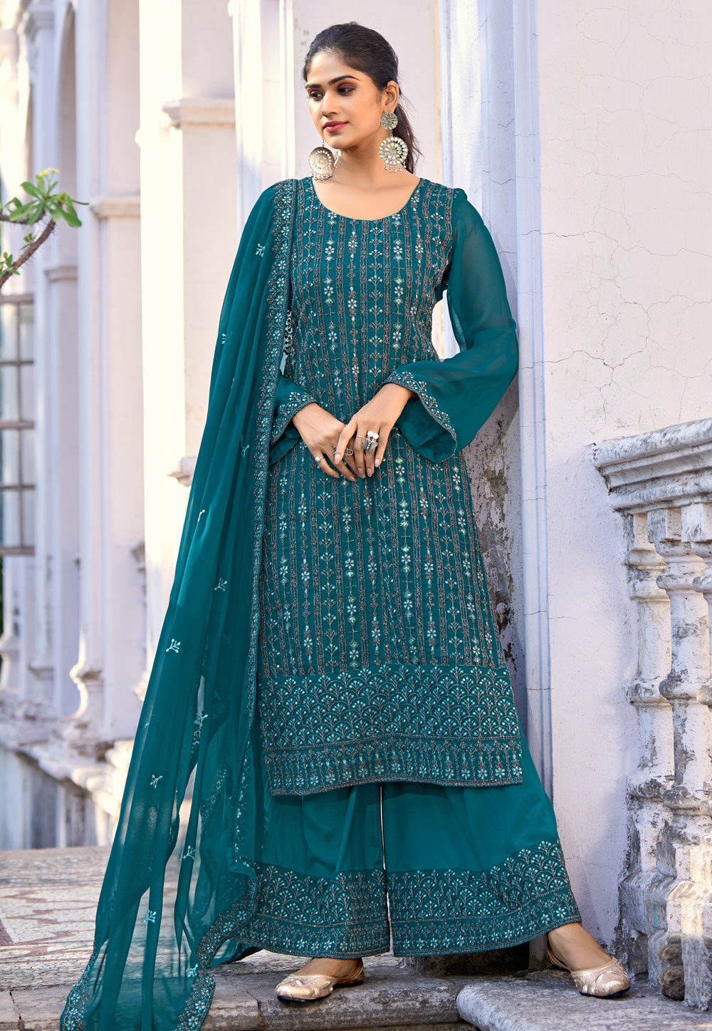 Teal Silk Embroidered Palazzo Suit 270297