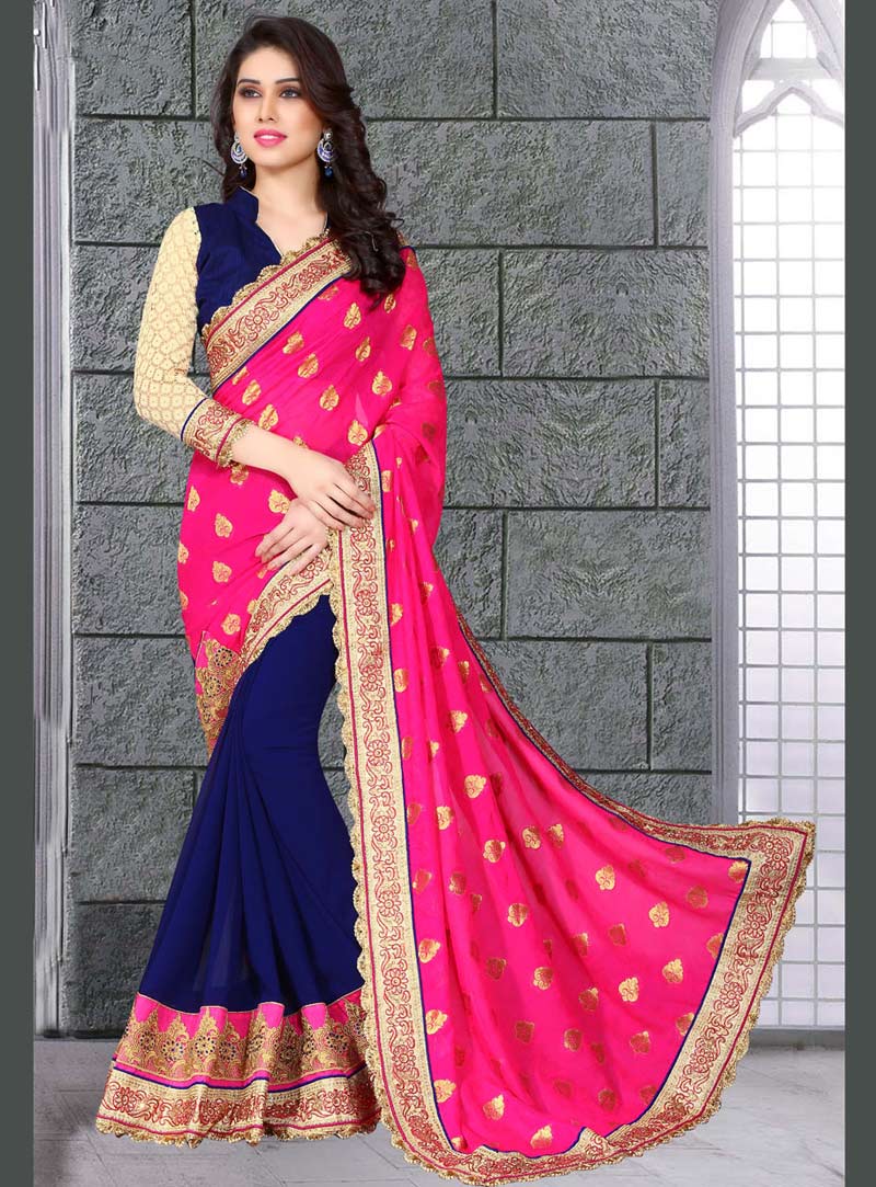 Magenta Georgette Half and Half Saree With Blouse 68107
