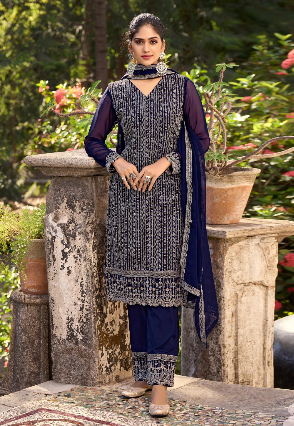 Navy Blue Silk Embroidered Pant Style Suit 270299