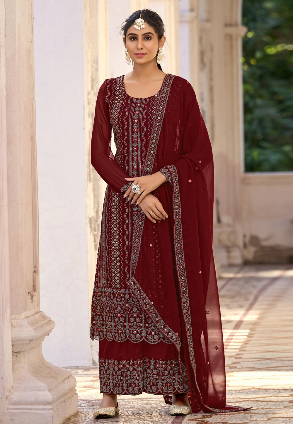Maroon Silk Embroidered Palazzo Suit 270300