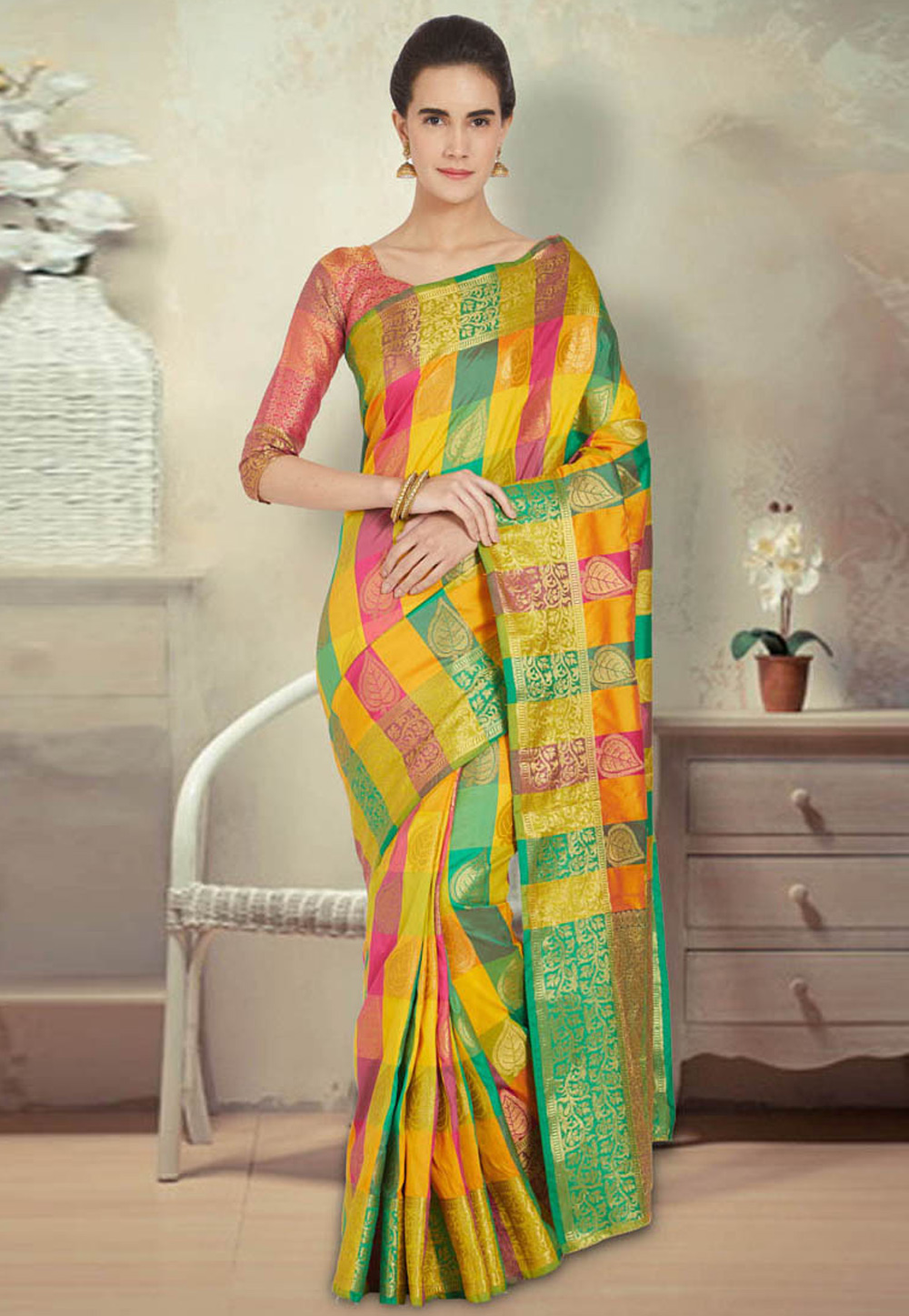 Yellow Banarasi Silk Saree With Blouse 201944