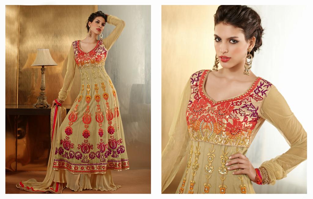Brown A Line Embroidered Designer Net Style Suit 28937
