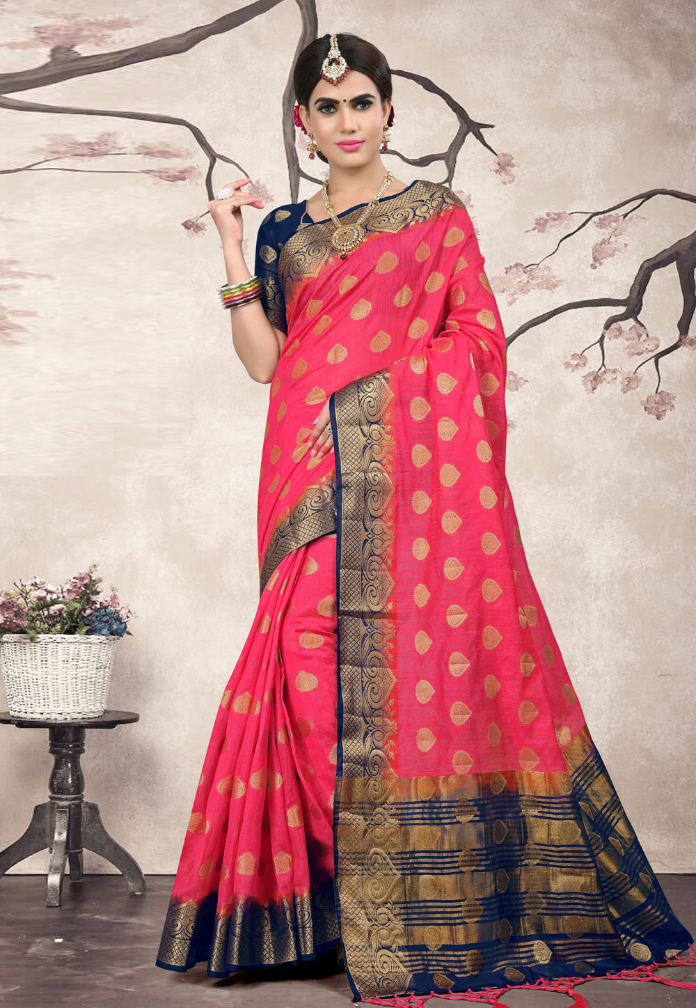 Pink Linen Saree With Blouse 154554
