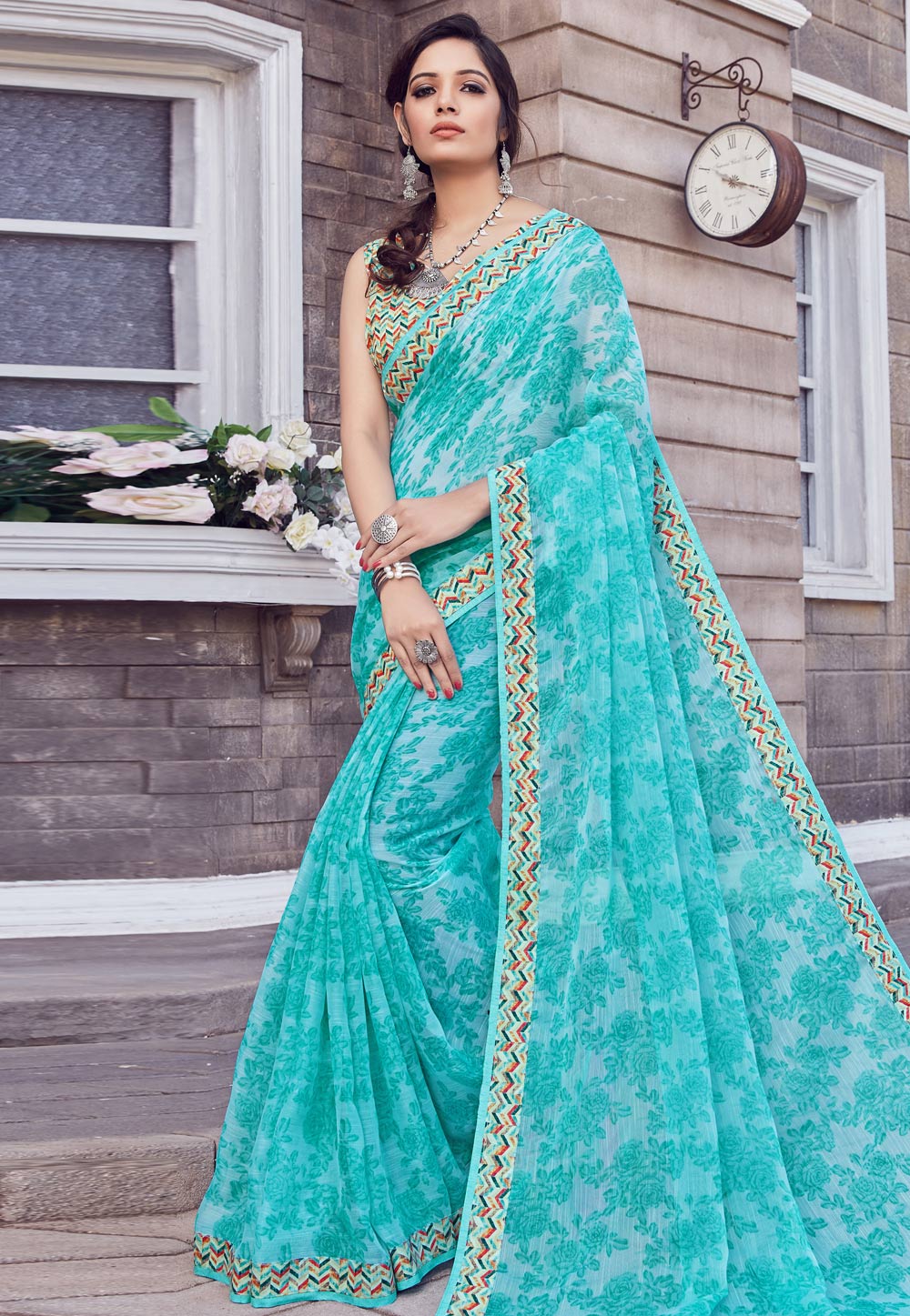 Turquoise Silk Printed Festival Wear Saree 203868