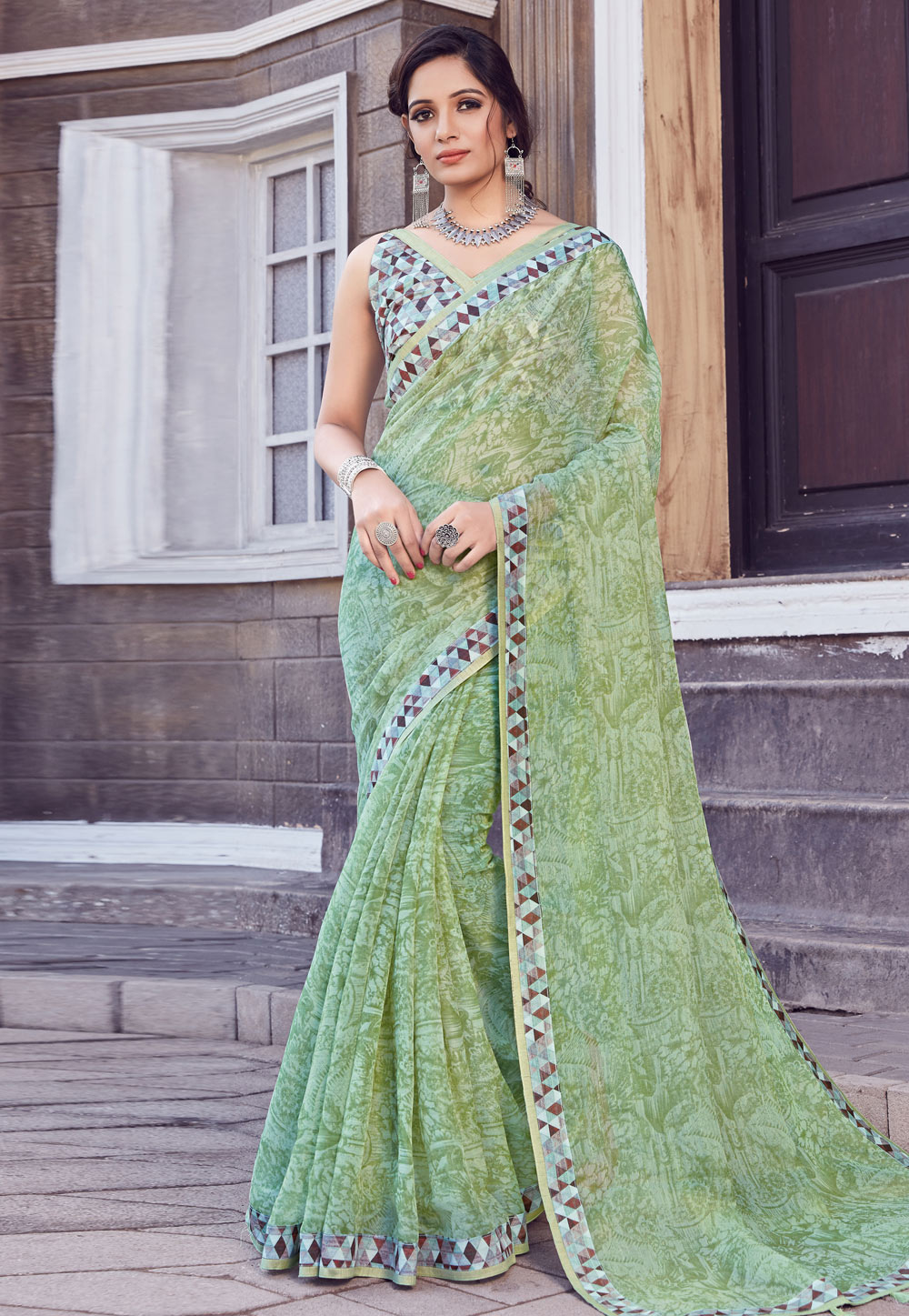 Light Green Silk Printed Saree With Blouse 203871
