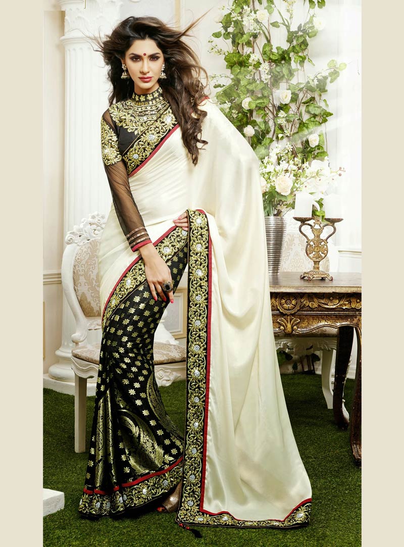 Off White and Black Embroidery Georgette Wedding Saree 29082
