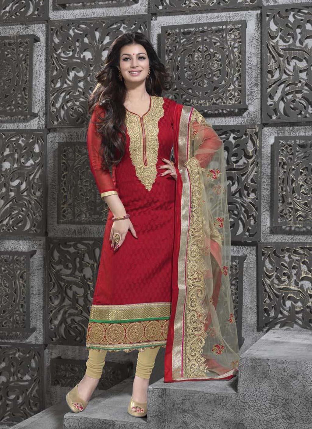Ayesha Takia Red Banarasi Jacquard Churidar Suit 54286