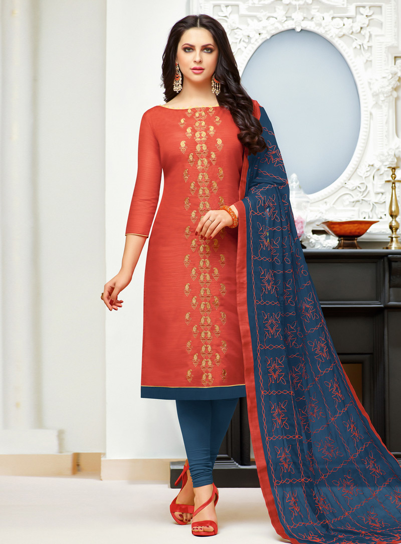 Orange Banarasi Silk Churidar Suit 150984