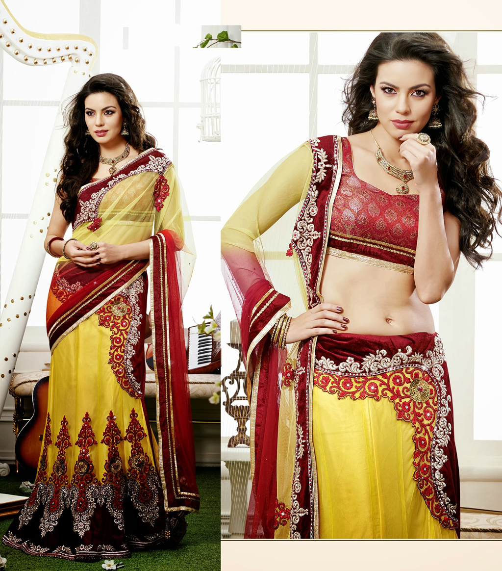 Yellow and Red Net A Line Embroidered Designer Lehenga Saree 29096