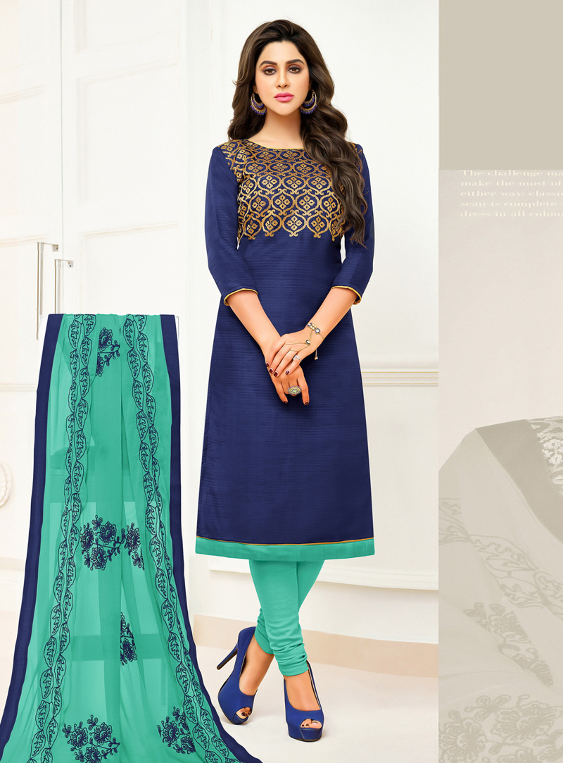 Navy Blue Banarasi Silk Churidar Suit 150990