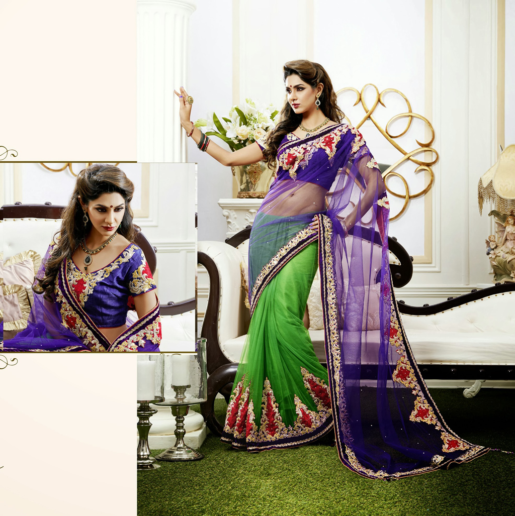 Purple and Green Net Party Wear Saree 29106