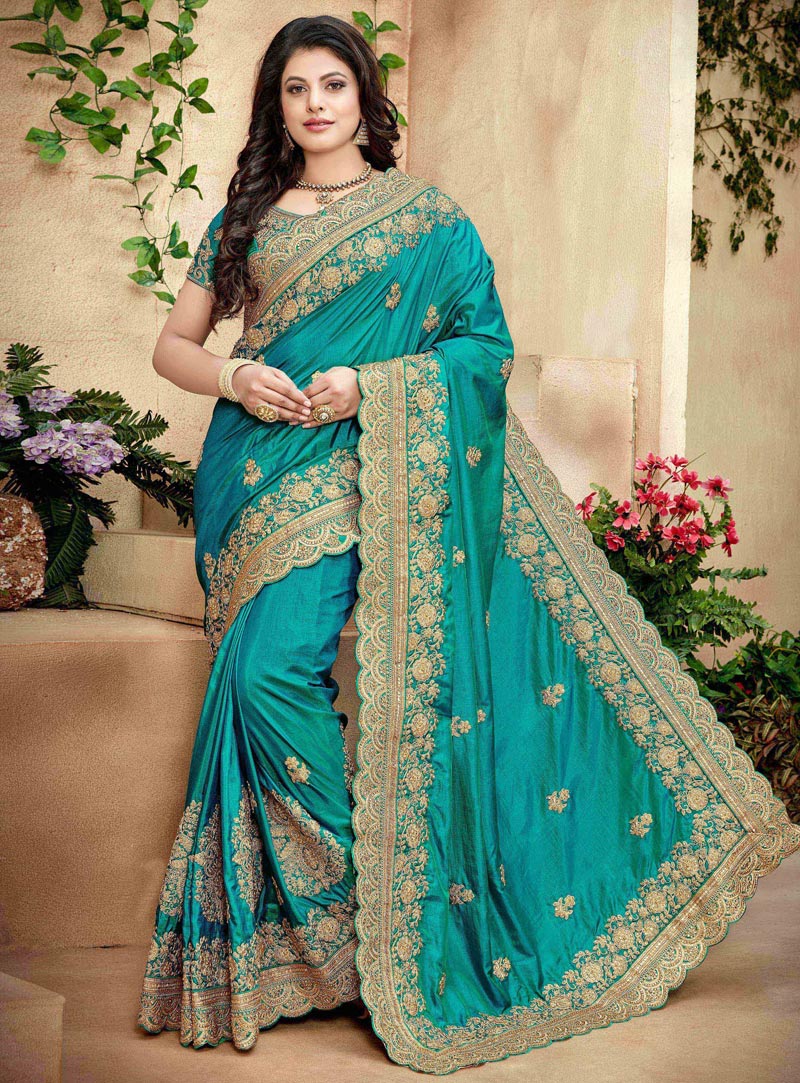 Teal Crepe Patch Lace Work Saree 116442