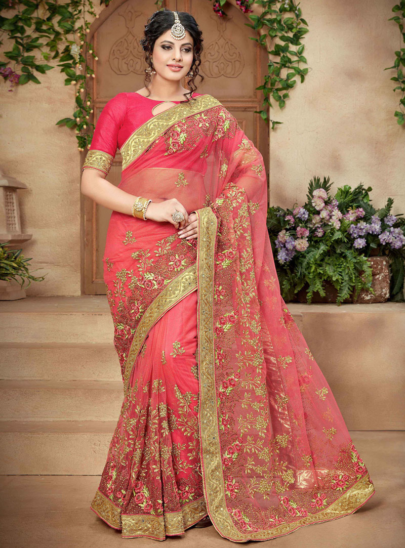 Pink Net Embroidery Work Saree 116447