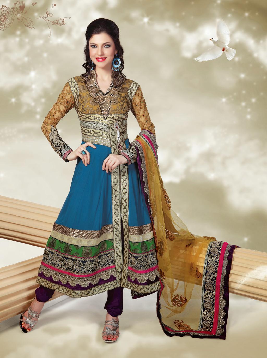 Brown and Blue Brocade Designer Anarkali Style Suit with Churidar 30641