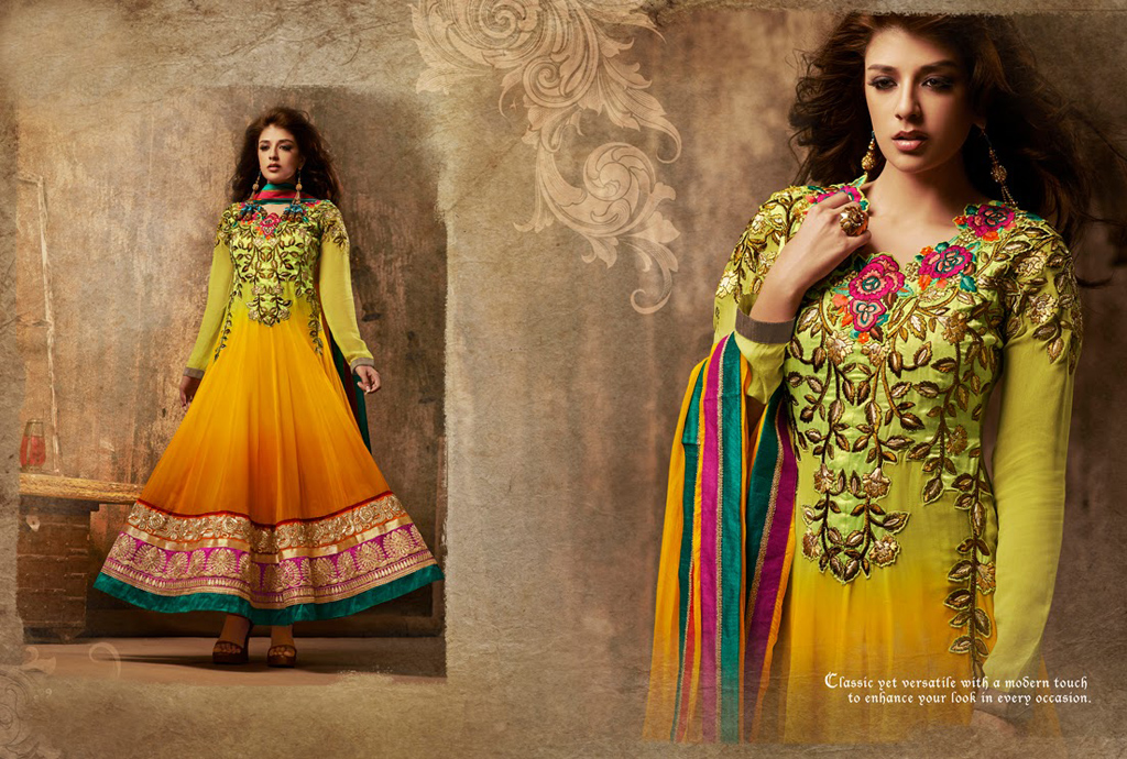 Yellow and Orange Faux Georgette Embroidery Long Salwar Suit 29444