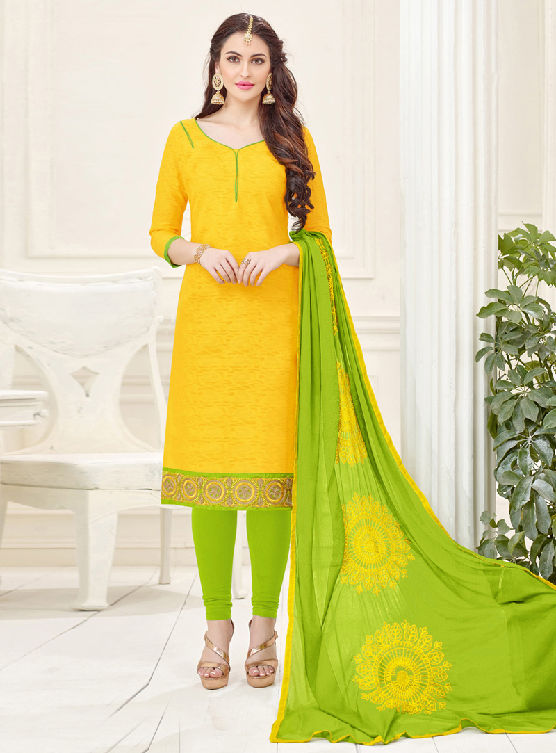Yellow Jacquard Churidar Salwar Suit 116870