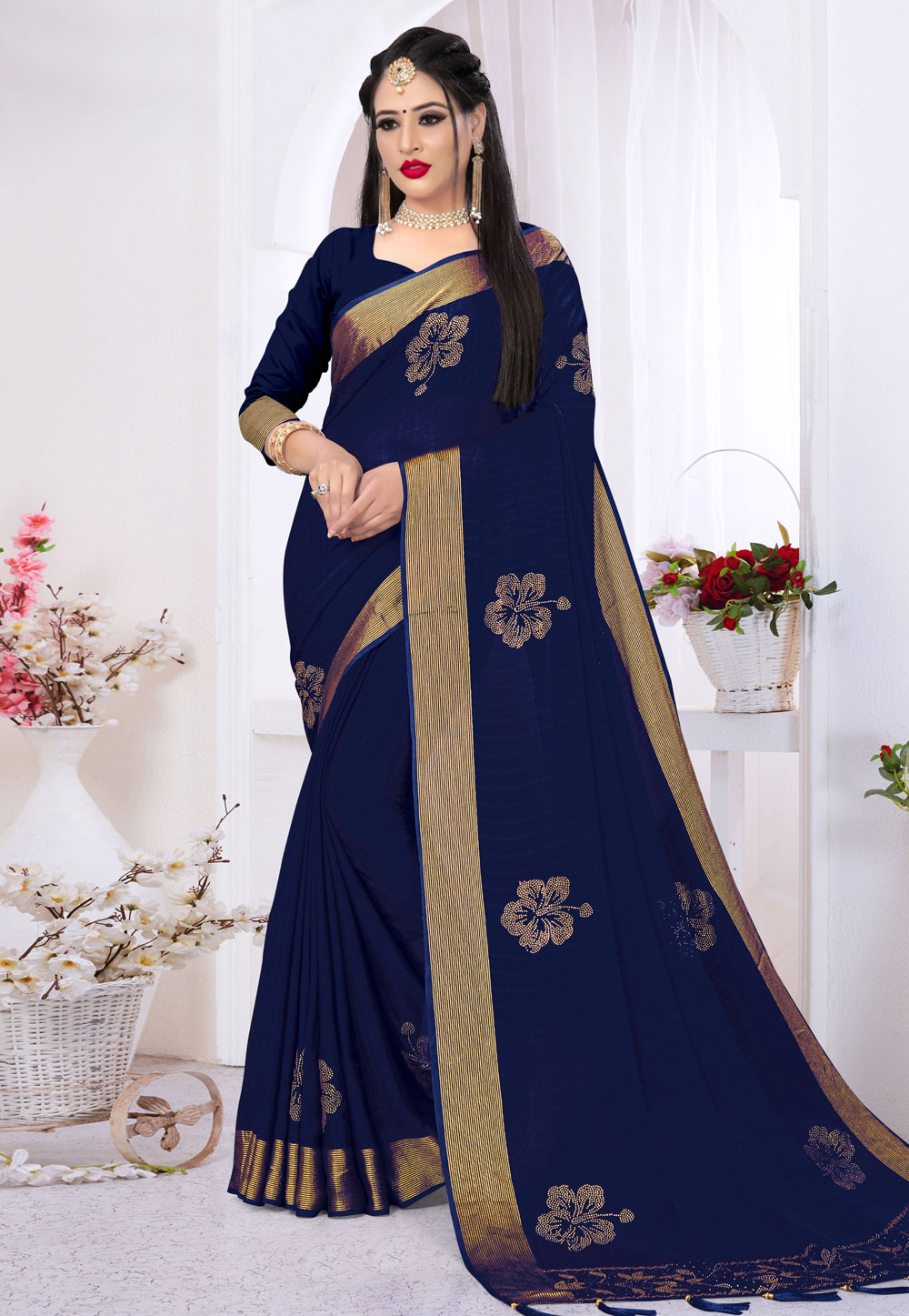 Navy Blue Satin Silk Saree With Blouse 215852