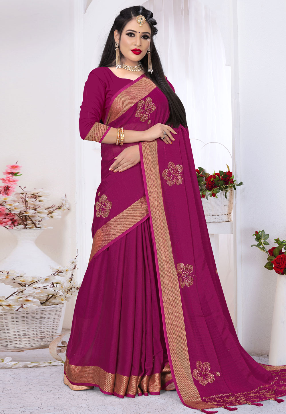 Magenta Satin Silk Festival Wear Saree 215853
