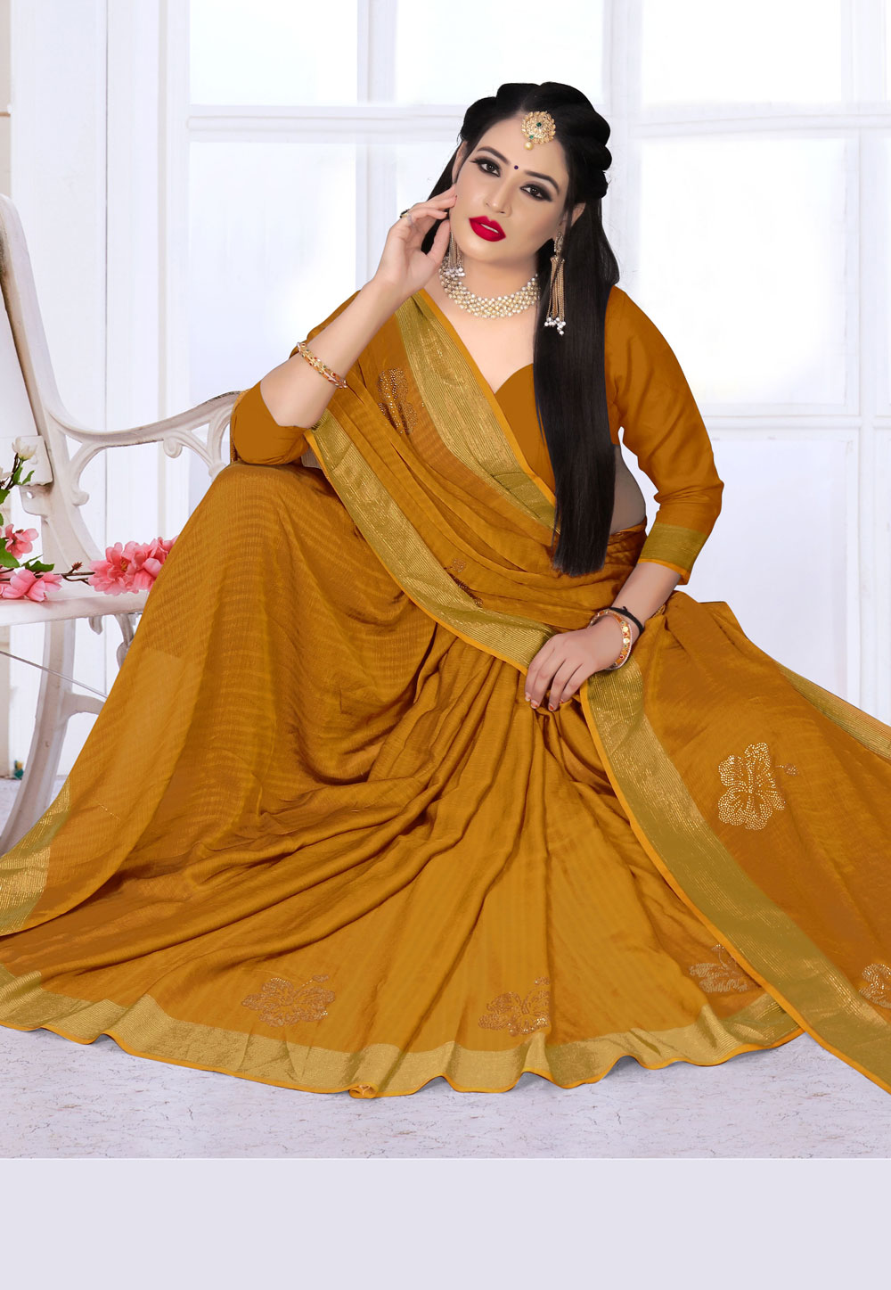Mustard Satin Silk Saree With Blouse 215854