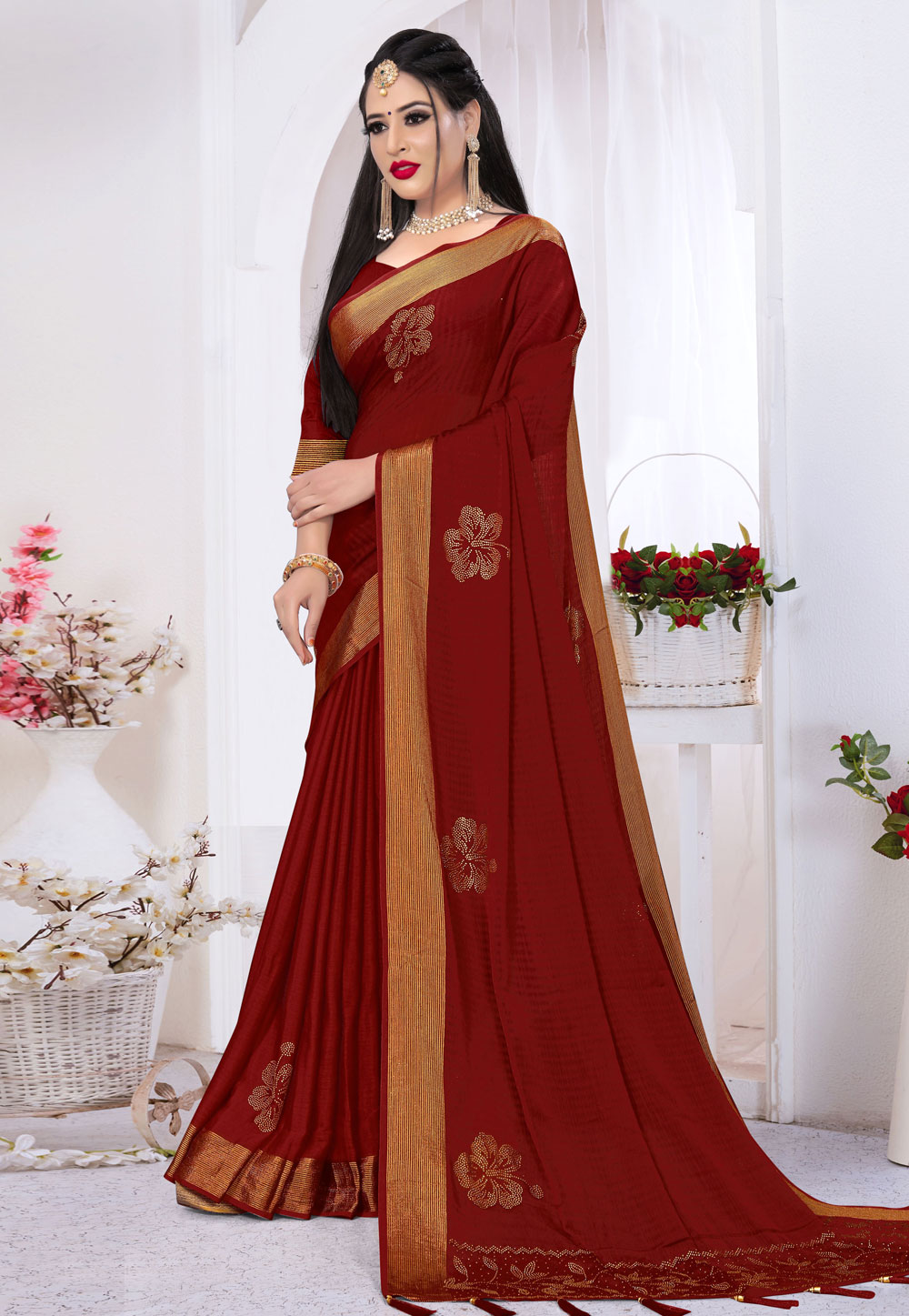 Red Satin Silk Festival Wear Saree 215855