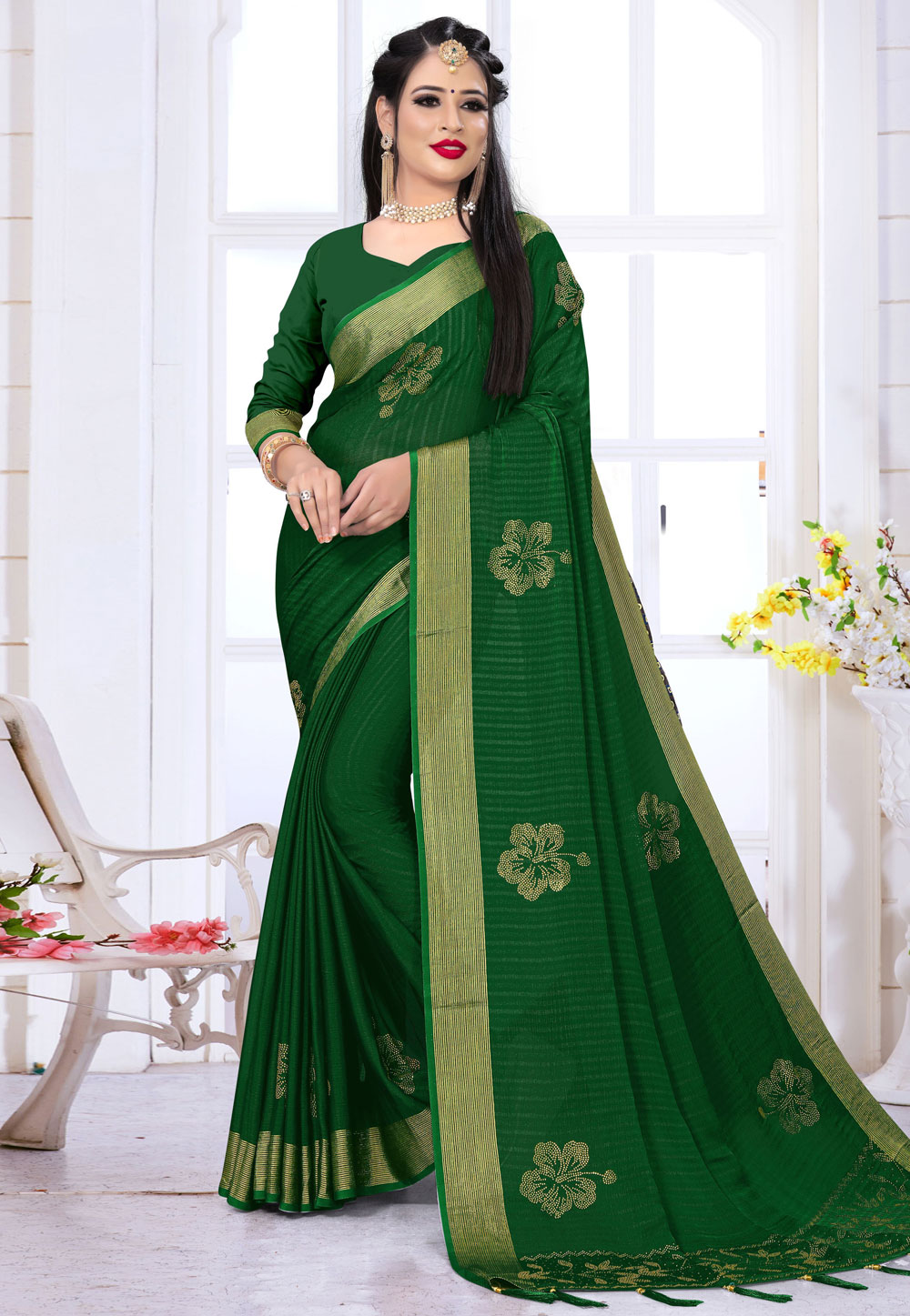 Green Satin Silk Saree With Blouse 215856