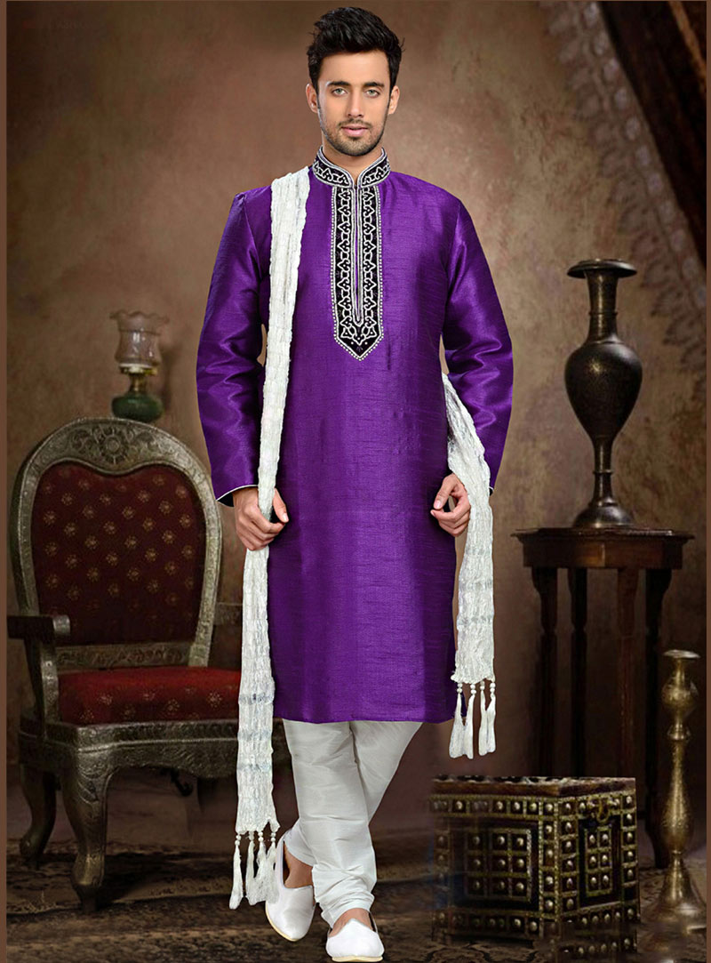 Purple Art Silk Readymade Kurta With Churidar 73689