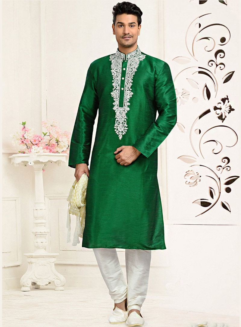 Green Art Silk Readymade Kurta With Churidar 73695